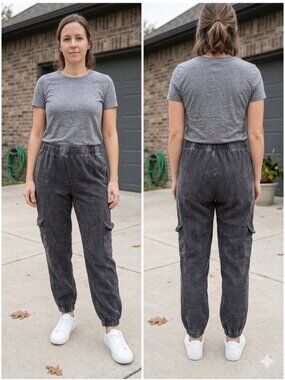 Moon Ryder Corded Cargo Jogger Pants Grey Washed Cotton High Rise Pockets Small